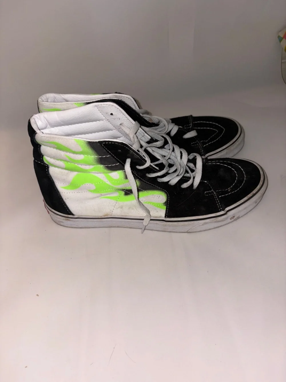 Vans Black White Neon Green‎ Sk8-Hi Flame Sneakers Size 12